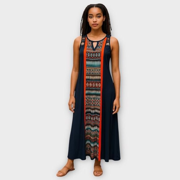 Greylin Anthropologie Navy Red Boho AztecPrint Sleeveless Maxi Dress Size M - Picture 1 of 6